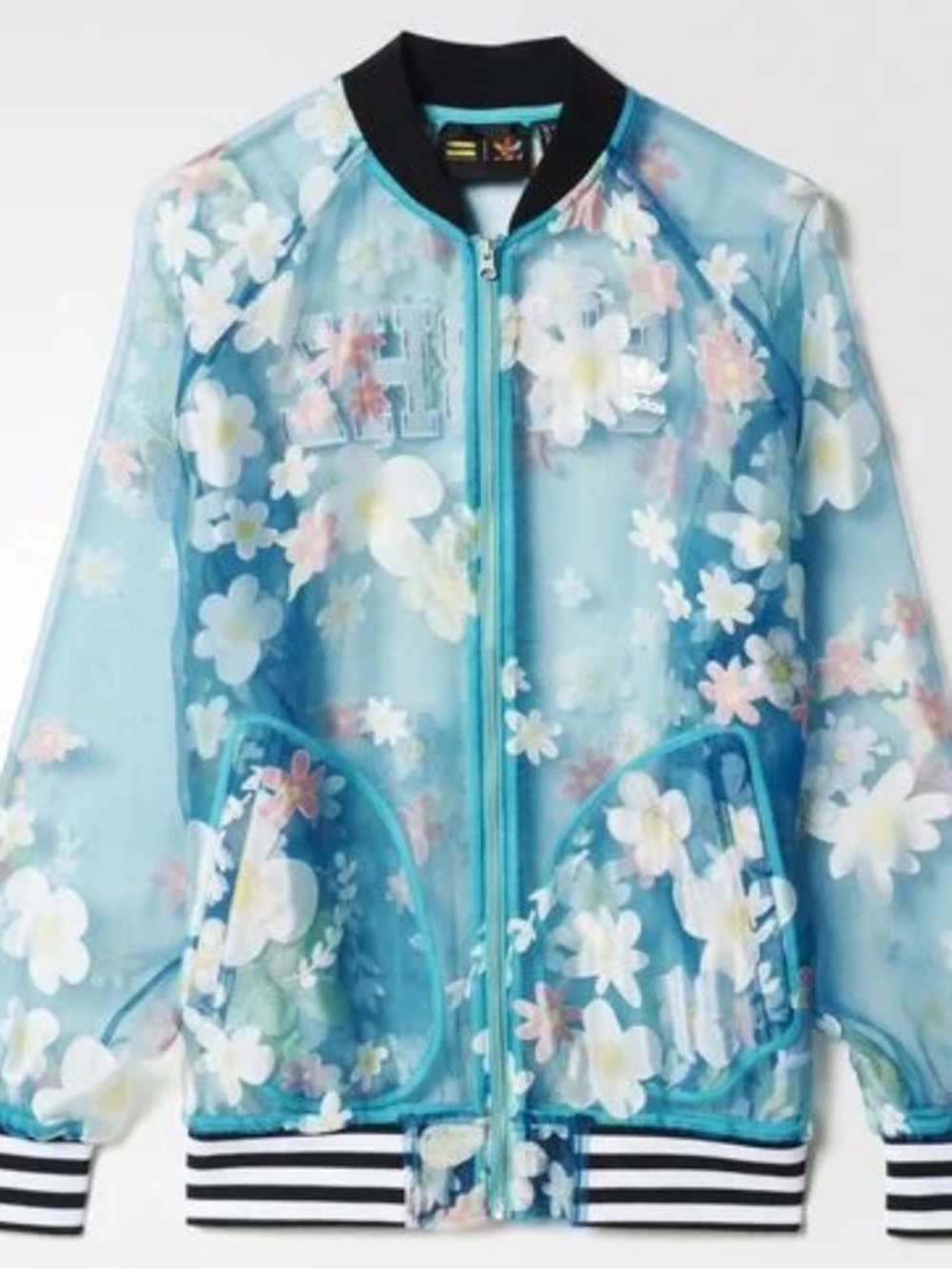 Adidas x Pharrell Williams Floral Sheer Bomber Jacket US Small Teal Blue